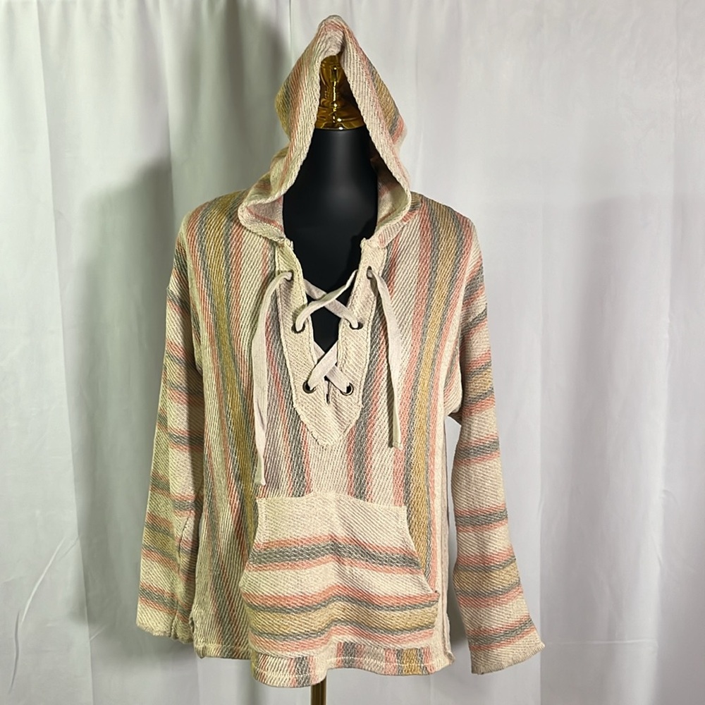 🛍 6 for $35 • Rip Curl Sand Multicolor Striped My Tide Lace Up Poncho Hoodie - Picture 2 of 16